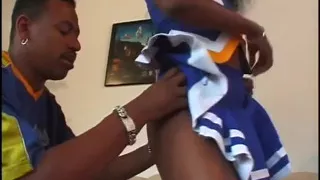 Black cheerleader with perky tits rides a big black cock
