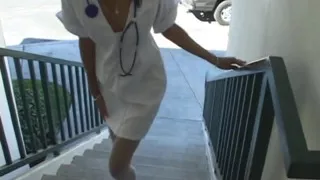 Hot black nurse gets her pussy slammed on the table