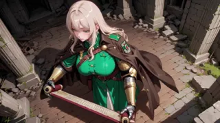 Blonde Knight's Afternoon! Green Uniform Golden Mechanical Arms, Lazily Contemplating in Ancient Stone Ruins.
