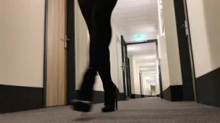Crossdresser exposing in hotel hallway