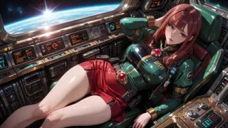 Inside the Sci-fi Train, She Wears a Tight Green Armor, Touching Her Red Lips While Gazing at the Galaxy Through the Porthole.