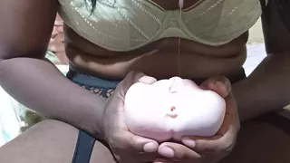 Ebony shemale fucking his sextoy and cumming multiple times