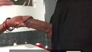 Blonde slut fucks and sucks 2 hard cocks in her room