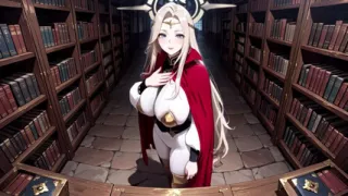 Languid Reading in a Gothic Library, White Robe and Red Cape, Hand Resting Gracefully with Half-closed Eyes.