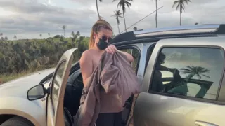 Naked Busty Blonde Walks by Car on Public Road