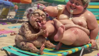 Elderly Granny Passionately Sucking BBW Feet on the Beach