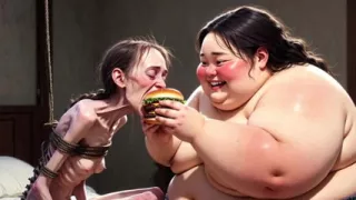 Skinny Girl Getting Fed by Huge Fat Woman - Contrast Feeding Fetish