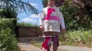 In gardener outfit with a little leopard dress