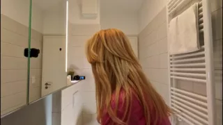 Super hot amazingly beautiful all natural big tits big ass blonde touches her pussy and panties under her skirt in the bathroom