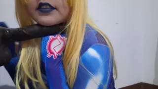 Cute Samus Femboy with BDSM Nosehook Giving a Sloppy Blowjob to BBC Dildo, Deepthroat, and Eating Semen