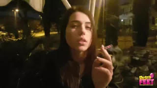 Smoking and foot fetish in outdoor with cute teen