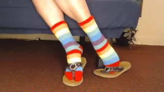 Fuzzy Rainbow Socks Guess Leather Flip Flops