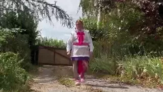 Dressed like a gardener with a purple dress for a day