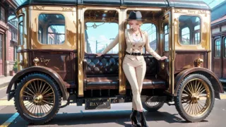 Leaning Against the Vintage Train Door, She Runs Her Hand Down Sheer Stockings While Gazing with a Cold yet Misty Look