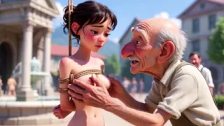 Tied Woman in Public Square - Old Man Caresses Her Body