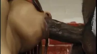 Lusty black bitch with glasses gets nailed by stud on the floor