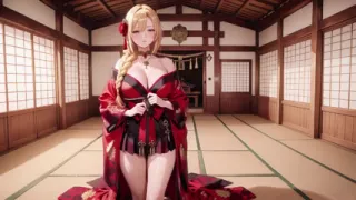 Private Shrine Encounter, Lazy Seduction on Tatami, Revealing Full Bust Under the Open-shoulder Red Dress.