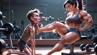 Muscular Woman Humiliates Skinny Man - Foot Worship Domination