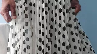 I'm masterbating wearing a Silk Seethrough chiffon black and white polka dots pleated Skirt