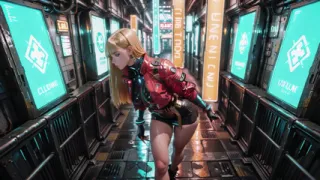 Cyber Queen's Wet Fantasy! Red leather jacket glistening under neon rain, kneeling pose that breaks the armor
