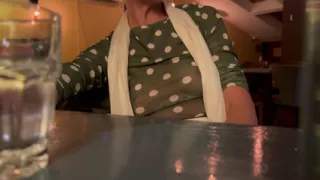 Having dinner and wine in a completely sheer shirt