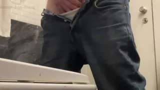 Amateur Straight Boy in Jeans Shorts with Big Hanging Balls Caught Pissing Hands Free