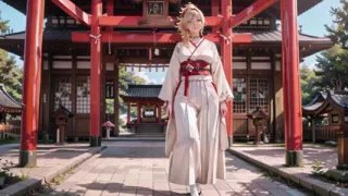 Blonde Kimono Girl's Shrine Secret! Kneeling Under the Torii Gate in a Beige Modified Kimono