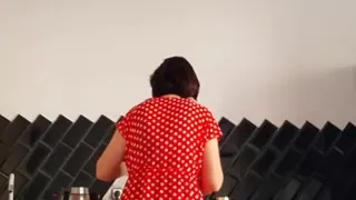 She knitted herself red lace lingerie and tried it on