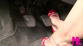 Sexy Barefeet Pedal Pumping in Scarlet Buckled Flats