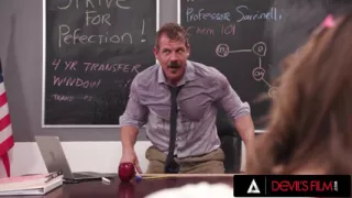 DEVILS FILM - Rose Carter Squirts Pussy Juice On Teacher's Face Then Fucks Him Hardcore In Class
