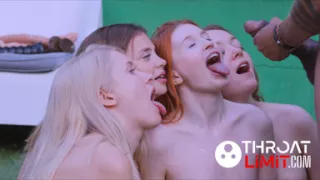 Aliska Dark, Bella Grey, Eva Barbie and Una Fairy get fucked raw by three massive cocks