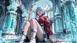 Ice Throne! Silver-haired Mage in Red-Green Gown Kneeling, Blue-Haired Partner Teasing in Snowy Realm!