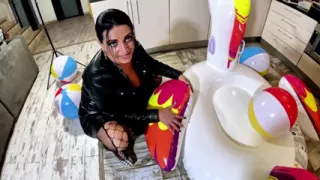 Dominant Biker Leather MILF Inflatable Office Fantasy. Beach Balls, Oral, Doggy and Cum Play