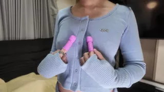 A submissive college girl spreads her anus and squirts, climaxing repeatedly with moans from a fixed vibrator and finger massager