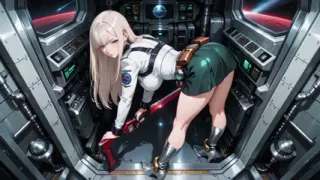 Private moments inside the futuristic spaceship where her white uniform is stretched to perfection.