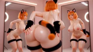 Teen +18 Cute Cat-Girl Orange Hair 3D Shiny Breasts big Ass Tease