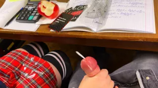 HIGH SCHOOLGIRL Stroking him Off in MATH Class under the Table. At College