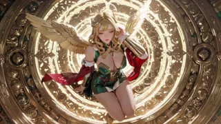 Blonde Angel Queen! Sacred kneeling in a grand cathedral, the green robe barely hiding her soft curves. She glances back shyly.
