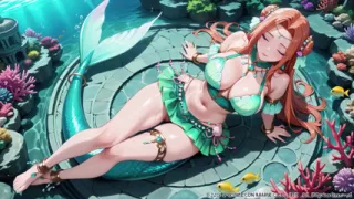 Red-haired Mermaid Princess's Private Tour in the Underwater Palace, Green Bikini hugging her curves, Heeled Boots on soft sand,