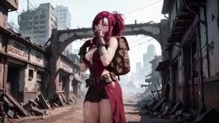 Redhead Warrior in Ruins! Forbidden Encounter in the Industrial Wasteland, her tight combat suit soaked and hazy eyes.