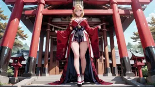 Red & Black Miko! Forbidden Shrine Prayer, High-Slit Hakama Exposure, Golden Goddess's Wet Gaze!