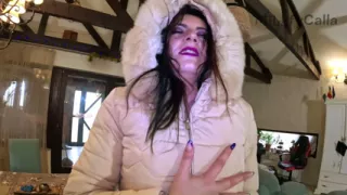 Glossy Downjacket Fetish Try-On. Fur Hoods, Deepthroat, Masturbation and Cum Finish
