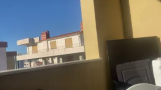 Roommate was masturbating her hairy pussy on the washing machine at the balcony, seduce me and I fucked her