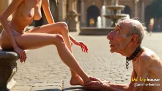 Submissive Man Worshipping Mistress Feet in Plaza