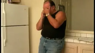 Redheaded granny with huge boobs sucks older dude's cock and then gets a facial
