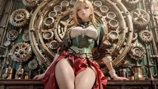 Steampunk Blonde Secretary! Lazy Poses Amidst Giant Gears