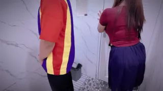 Blue store cashier trapped crazy chick in public toilet