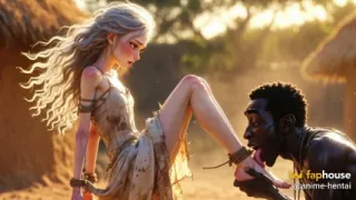 White Woman in Bondage - African Man Passionate Foot Licking