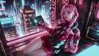 Pink-haired Mech Warrior! Kneeling in Neon Streets, Red Rose & Cold Armor Contrast, Fingertips tracing collarbones.