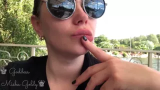 Sexy big lip lick & lip smelling & kiss & glasses fetish on the lake